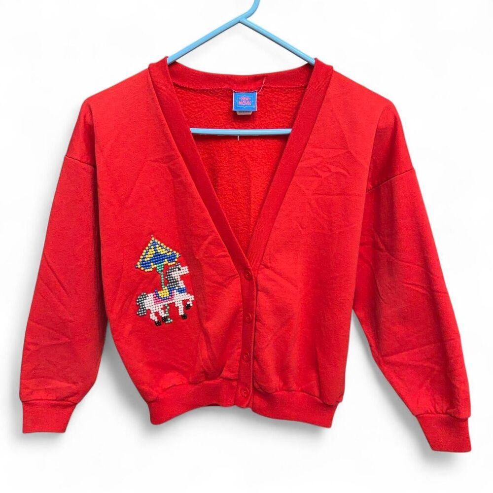 Vintage New Moves 80s Red Beaded Carousel Horse Sweatshirt Cardigan size S